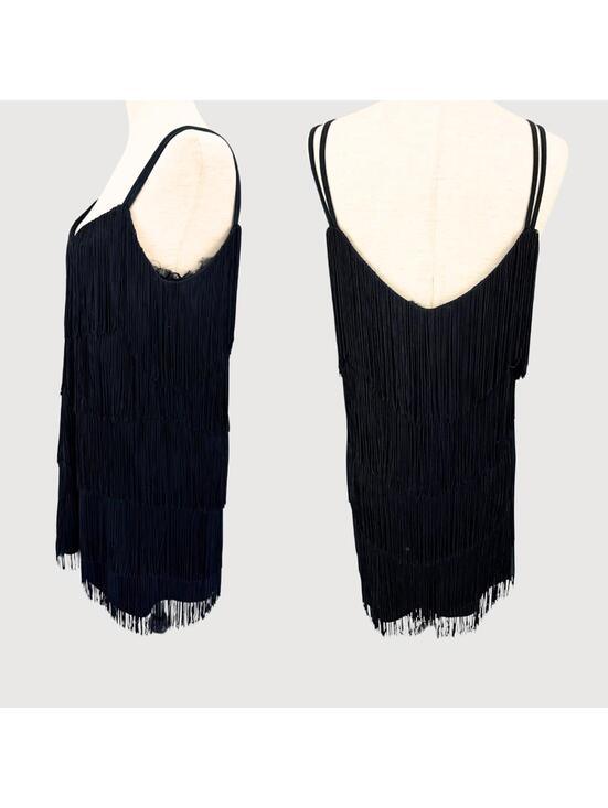 Zara Fringe Mini Dress Black Strappy Party Dress 4 - Picture 3 of 8